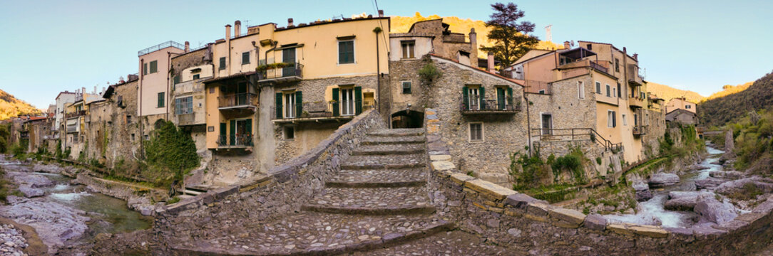 Panoramic view of the ancient medieval village of Zuccarello, located in the Neva River valley, in the province of Savona in Liguria, Italy.