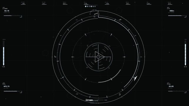 A minimalist monochrome head up display interface featuring a central circular tactical radar and rotating reticle. The layout includes various telemetry readouts such as fuel levels, hull integrity,