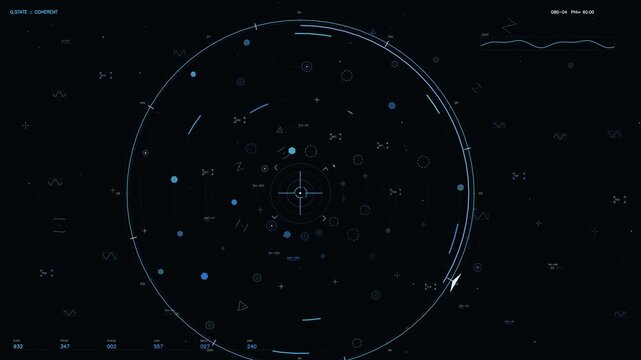 A dark high tech interface featuring a central circular radar or sonar display. The screen is populated with glowing cyan and blue elements including reticles, waveforms, coordinate systems, and vario