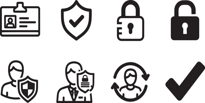 Cybersecurity and Identity Protection Icon Set for User Authentication, ID Verification, Secure Access, and Personal Privacy Linear Vector