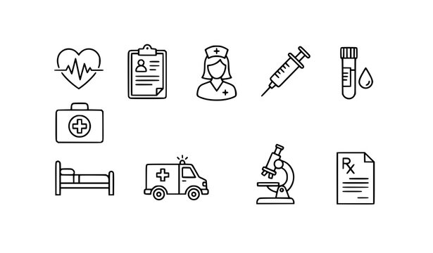 Medical diagnosis and healthcare outline icon set with patient care hospital and checkup symbols grid editable stroke