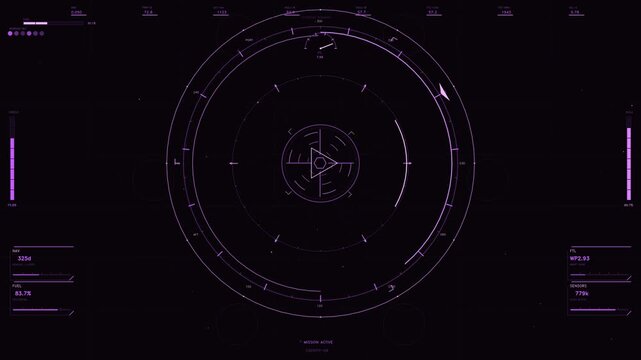 This high tech motion graphic features a minimalist purple neon interface on a dark backdrop. The central circular reticle is surrounded by dynamic data readouts including fuel levels, radiation monit