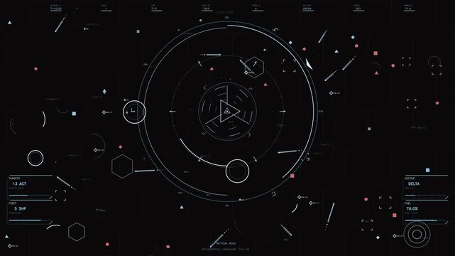 This futuristic tactical HUD interface features a complex array of data visualizations including radar telemetry, fleet status, and mission critical readouts. The design incorporates rotating geometri