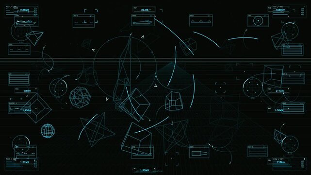 This motion graphic features a complex head up display with cyan telemetry and tactical data readouts. Rotating wireframe geometric shapes, including pyramids and cubes, drift across a dark digital sp