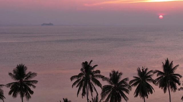 Cruise ship at sea, coconut trees in foreground, sunset at Koh Samui