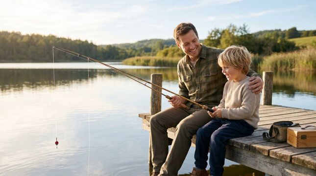 Father and son fishing together on a dock by the lake  