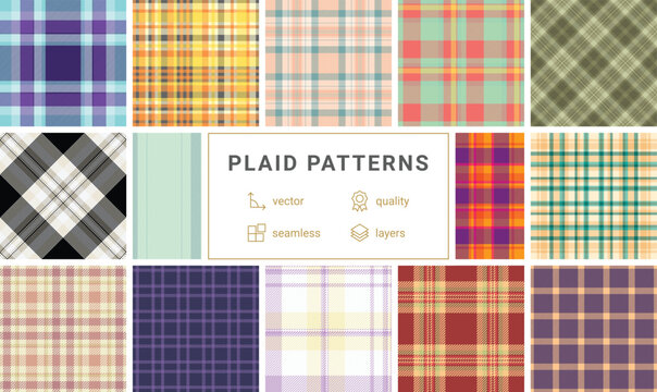 Classic plaid bundle for multipurpose spring projects. Versatile tartan patterns fit scarves, blankets, skirts, and home decor. Vector consistency ensures quality.