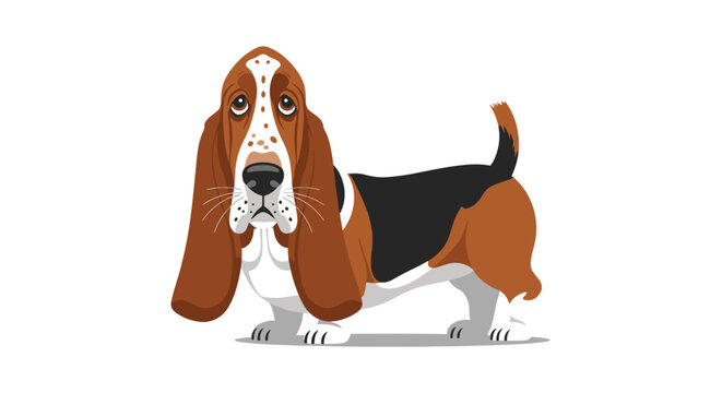Character illustration of a sad basset hound dog with long droopy ears and a brown and black coat standing on a white background.