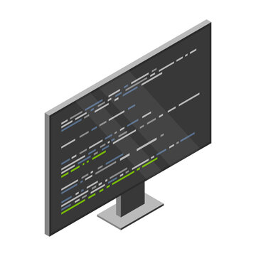 Isometric monitor with program code on screen. Programming concept. Web development. Vector illustration