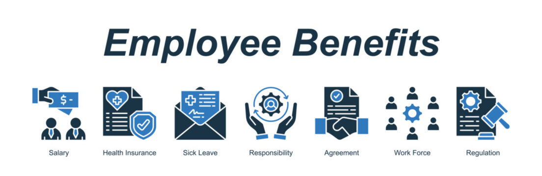 Employee Benefits banner web icon vector illustration concept with an icon of Salary, Health Insurance, Sick Leave, Responsibility, Agreement, Work Force, Regulation 