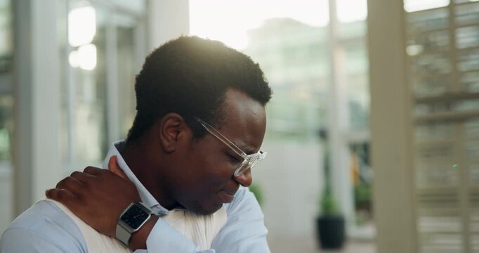 Posture, stress and black man in city with shoulder pain, injury or arthritis outdoor with bruise. Sore, massage and African male employee in urban town with stiff joint, osteoporosis or fibromyalgia