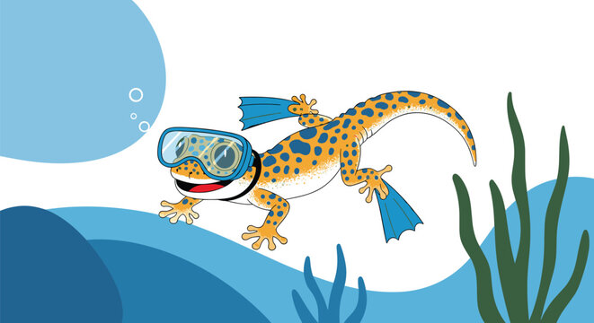 Playful cartoon leopard gecko wearing a blue diving mask and flippers swimming underwater among bubbles and green sea plants.