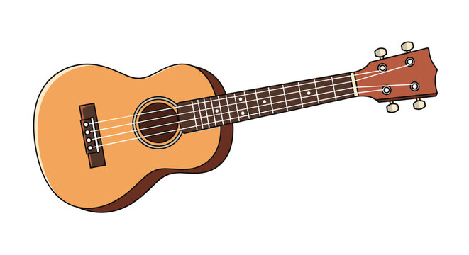 Classical wooden ukulele or guitarlele musical instrument with four strings isolated on a clean white background.