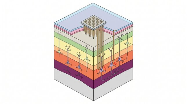 Academic Isometric Diagram of Brain-Computer Interface and Microelectrode Array