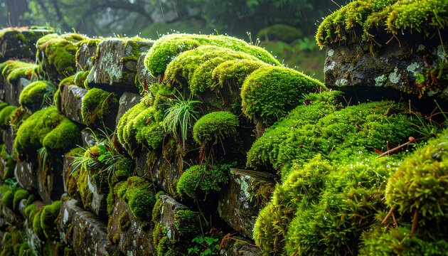 Vibrant green moss growing thickly on an old stone wall in a natural, damp environment.