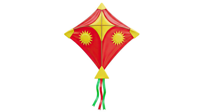 Red and Yellow Diamond Kite with Sun Designs and Ribbons