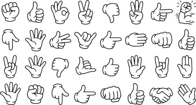 Collection of cartoon hand gestures representing various common emotions and actions, ideal for communication and design projects