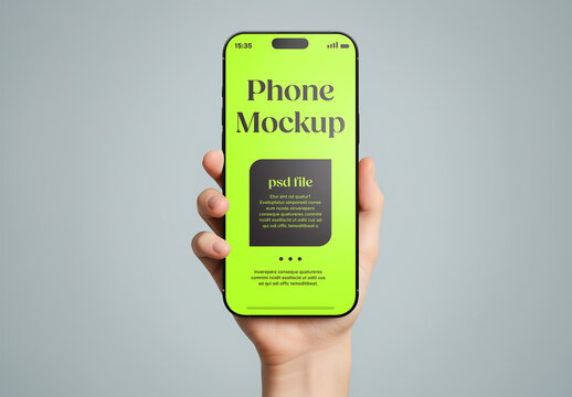 Front view smartphone held by a hand in studio &ndash; mockup