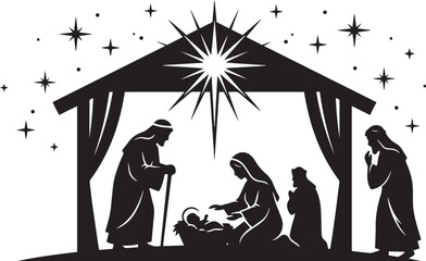 Obraz premium A silhouette depiction of the Nativity scene, highlighting the birth of Jesus Christ in a manger surrounded by Mary, Joseph, and the Three Wise Men under a starry sky