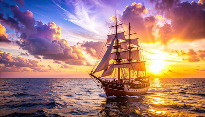 Fototapeta premium Majestic vintage sailing ship glides through ocean waves under a vibrant sunset. This cinematic scene captures exploration and maritime history, ideal for travel and historical storytelling.
