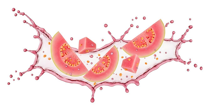 Pink guava slices splashing in water