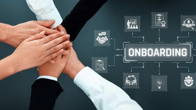 Collaborative Hands Mapping Out the Onboarding Process with Digital Icons Representing Engagement and Training in a Modern Workplace Setting Sigmoid