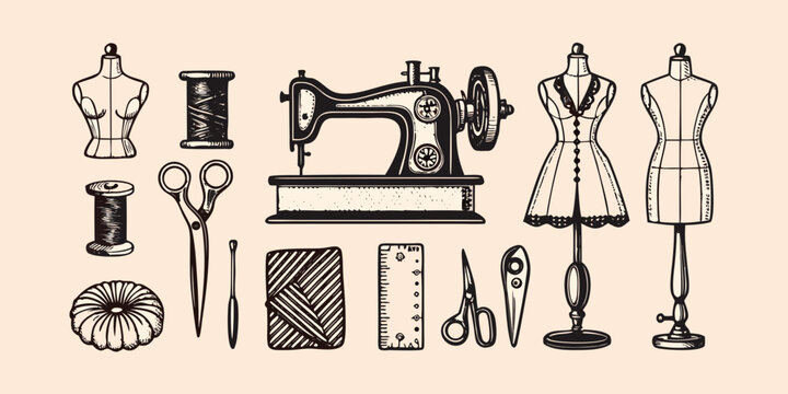 vintage sewing equipment and tools illustration high quality