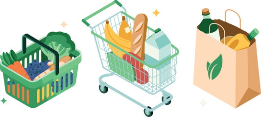 Isometric Grocery Shopping Set Featuring Plastic Basket Full Of Vegetables Metal Cart With Milk And Brown Paper Bag © Md