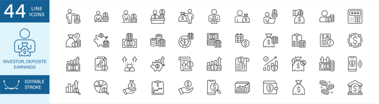 Investor, deposit, earnings icon set. Containing icon symbol : investment, money deposit, income, financial data, finance, profit, growing value, benefits, increment, businessman, banking, fund.