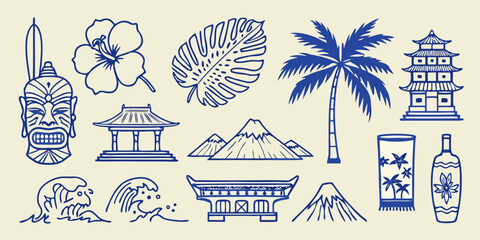 tropical travel icons including tiki mask hibiscus palm tree and pagoda © Subarna