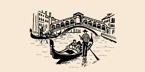 venice canal scene with gondolas and bridge in black ink sketch © Subarna