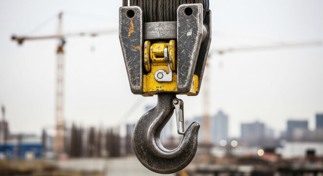 Heavy-duty crane hook with yellow and gray components, construction site background featuring cranes and city skyline in soft focus