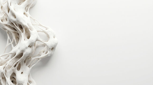 3D sculptural wave of porous white mycelium with organic root-like structures clustered on the left edge of a pure white background with wide empty copy space for text