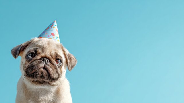 A pug stands with a party hat on its head. The pug looks cheerful and ready to join the birthday celebration. The background is bright and colorful