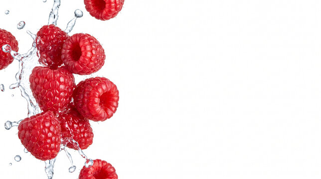 Fresh organic raspberries and clear water droplets scattering and splashing on the left edge of a pure white background with wide empty copy space for text placement