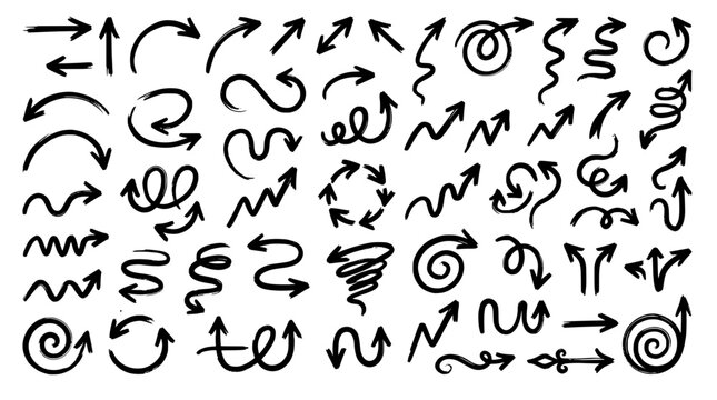 Large Collection of Fifty Hand Drawn Navigation Arrow Doodles on White Background Various Styles Including Straight Curved Looping Bouncing Twisted and Spiral Arrows Pointing