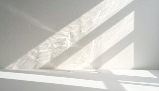minimalist sunlight caustics on white surface with soft gradient shadows