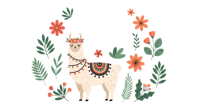 Llama decorated with a floral wreath and a colorful saddle surrounded by various leaves and flowers in a festive folk style.