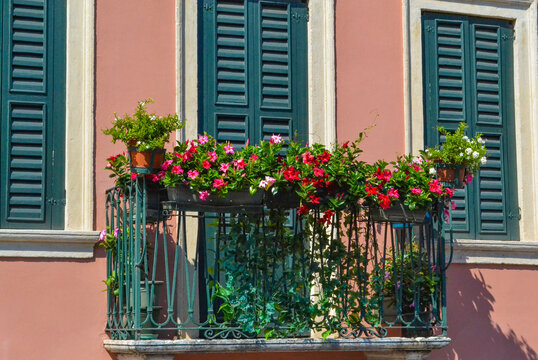 Authentic Italian balcony with forged iron railings and blooming red geraniums on a peach-colored building facade with blue shutters.
