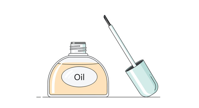 Bottle of cosmetic oil with an applicator brush alongside it for beauty and skincare treatment routines for nails or skin.