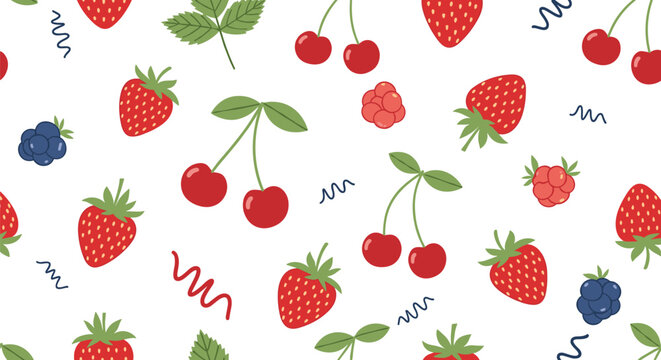 Mixed berries pattern featuring strawberries cherries and blueberries with decorative squiggles on a white background.