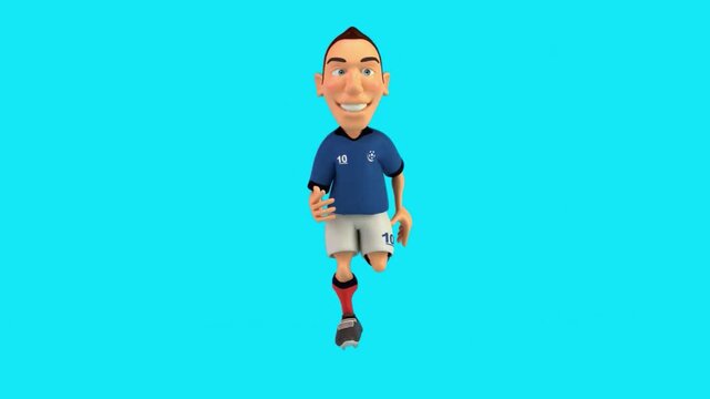 Stylized 3D cartoon soccer player character running in a loop on a bright blue background.
