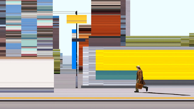 Traveler walking with bag near yellow wall in abstract city district. Concept of tourism ads, transit services, city guide promo, outdoor retail campaign and urban navigation.