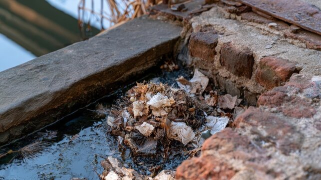 Close-up of a small puddle of water on the ground next to a brick wall. the wall appears to be old and weathered, with cracks and peeling paint visible on the bricks.