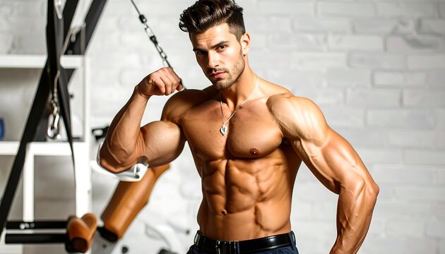 Muscular man flexes bicep, showcasing toned abs in front of home gym equipment, posing against a brick background