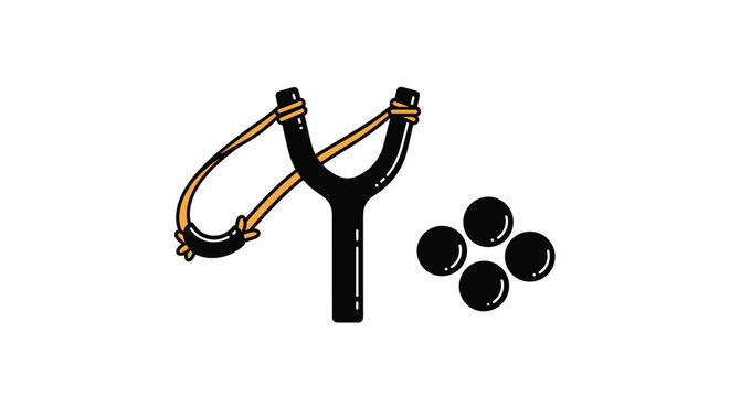 Classic black slingshot toy with four round black ammunition pellets shown against a simple white background.