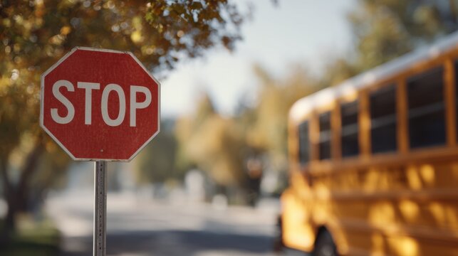 Red stop sign is extended from a yellow school bus in daylight. The background shows a blurred road and trees, highlighting child safety and awareness near school zones