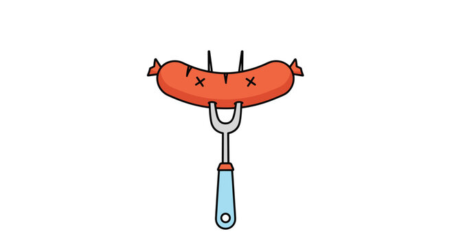 Cooked reddish-brown sausage is impaled on a metal fork with a blue handle against a plain white background.