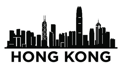 Fototapeta premium Hong Kong City Skyline Vector Black and White Minimalist Silhouette of Famous Urban Landmarks