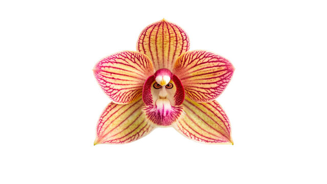Beautiful pink and yellow monkey face orchid flower bloom with delicate petals for floral beauty and decoration isolated on transparent background